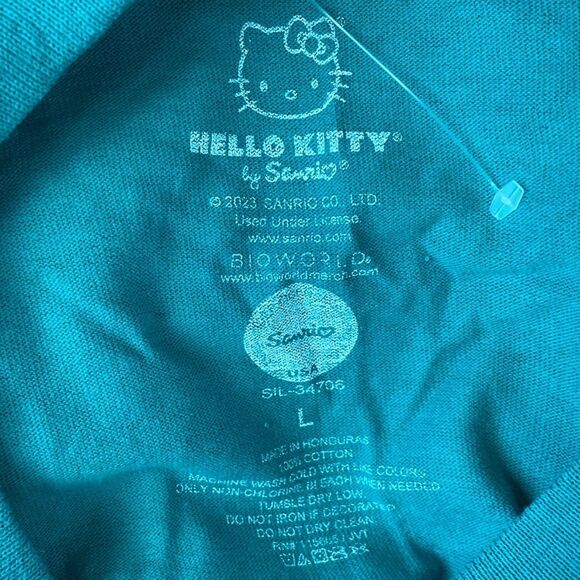 Hello Kitty Blue Graphic Print Long Sleeve Cropped Cotton T Tee Shirt L - Picture 5 of 6